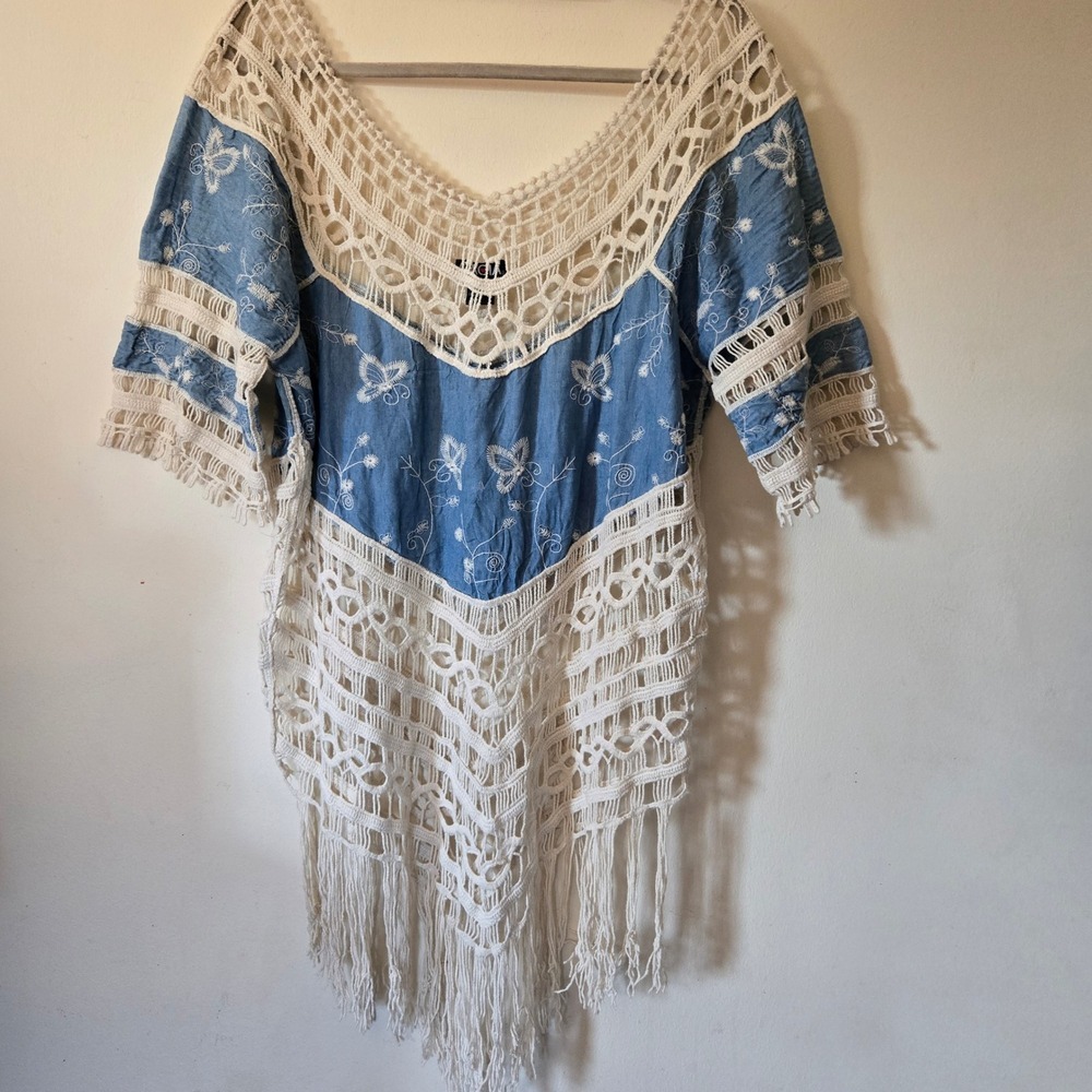 Cacia Womens 1X Boho Swim Coverup Blue Crochet Butterfly Embroidered Fringe